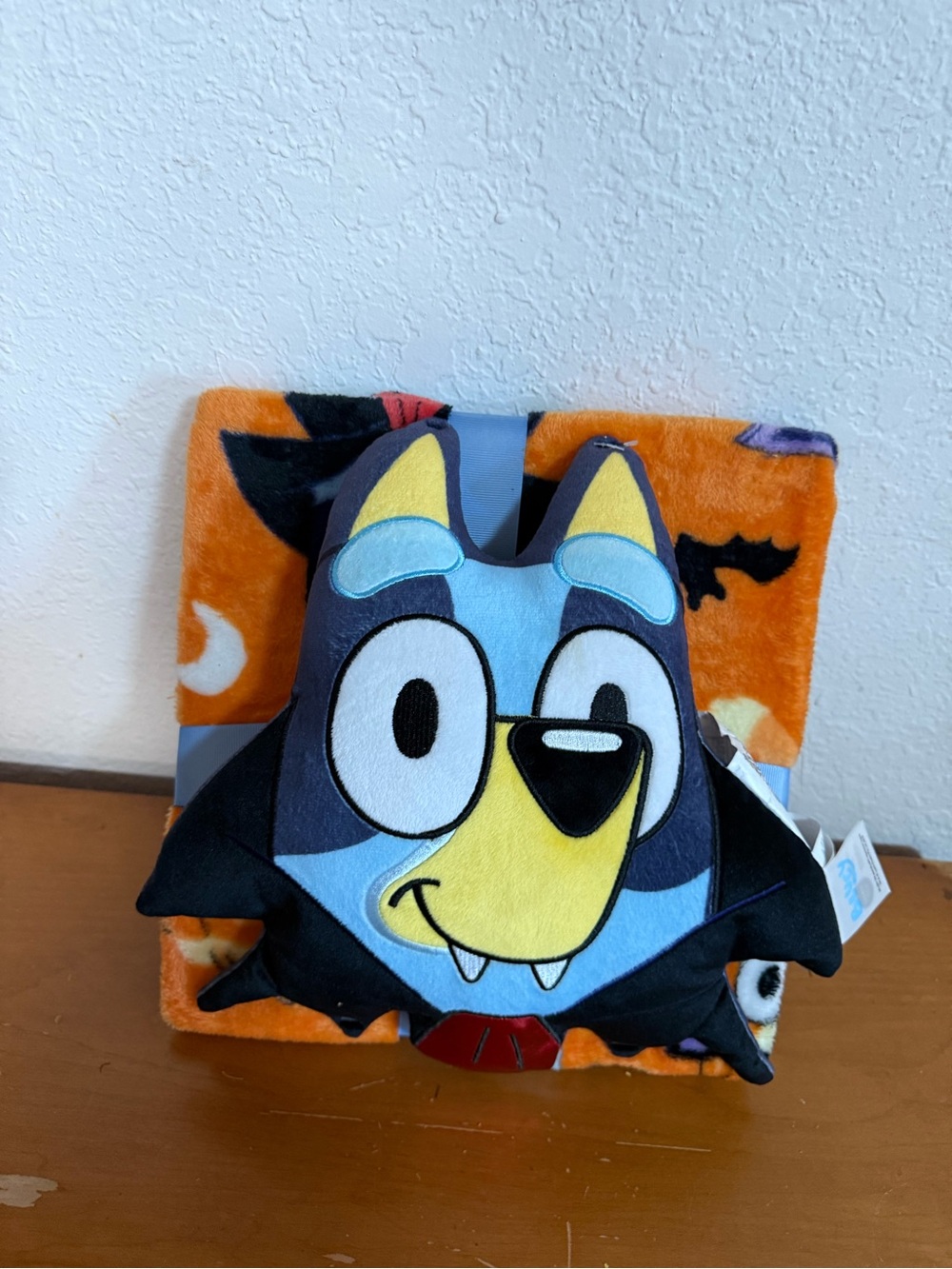 Bluey-themed Blue Plush Pillow and Orange Blanket Set for Kids. Halloween themed
